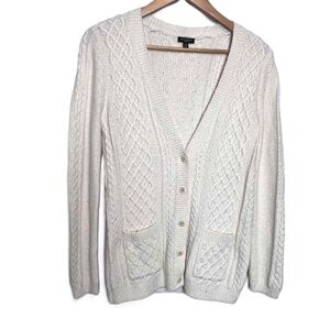 Talbots Ivory Petite Small Cable Knit V-Neck Button-Up Cardigan with‎ pockets